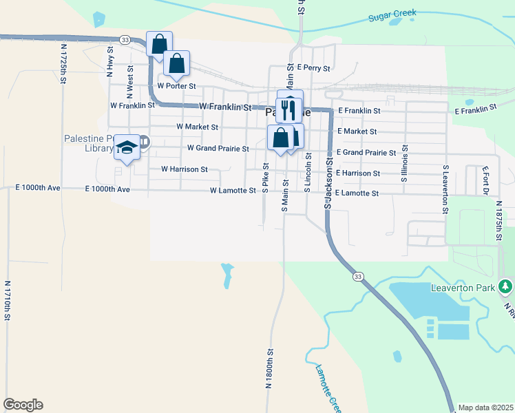 map of restaurants, bars, coffee shops, grocery stores, and more near 403-413 South Pike Street in Palestine