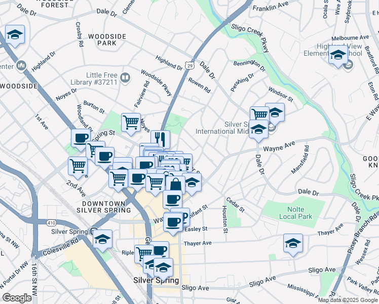 map of restaurants, bars, coffee shops, grocery stores, and more near 26 Ellsworth Heights Street in Silver Spring
