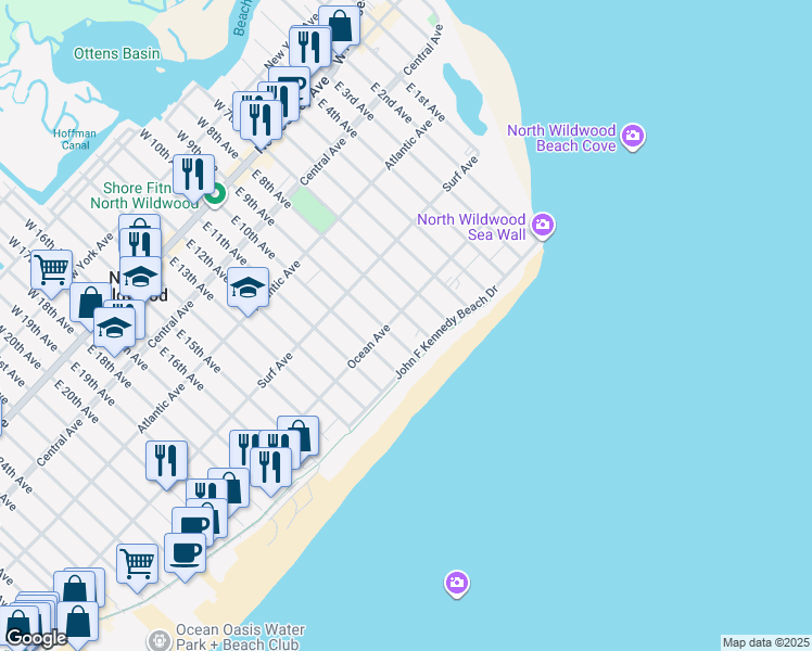 map of restaurants, bars, coffee shops, grocery stores, and more near 510 East 8th Avenue in North Wildwood