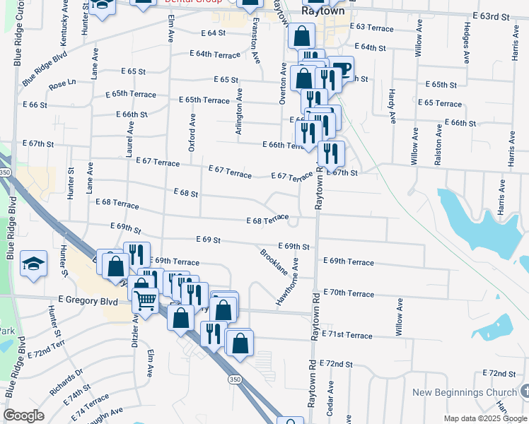 map of restaurants, bars, coffee shops, grocery stores, and more near 9713 East 68 Terrace in Raytown