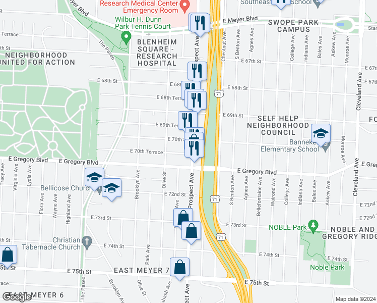 map of restaurants, bars, coffee shops, grocery stores, and more near 7033 Prospect Avenue in Kansas City
