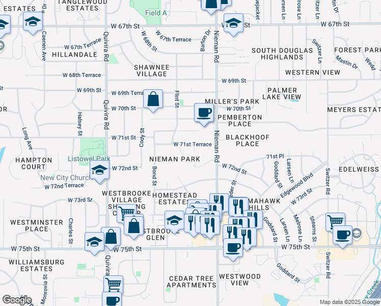 map of restaurants, bars, coffee shops, grocery stores, and more near 7130 King Street in Shawnee