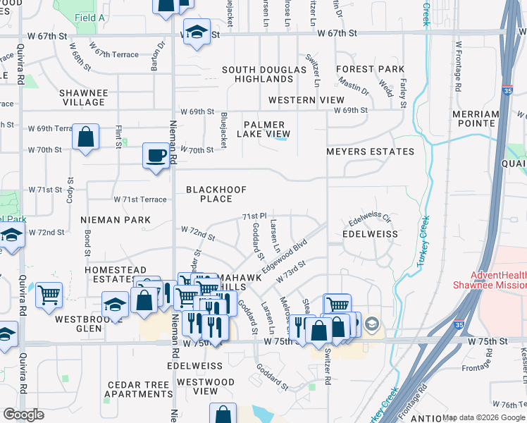 map of restaurants, bars, coffee shops, grocery stores, and more near 10606 71st Place in Shawnee