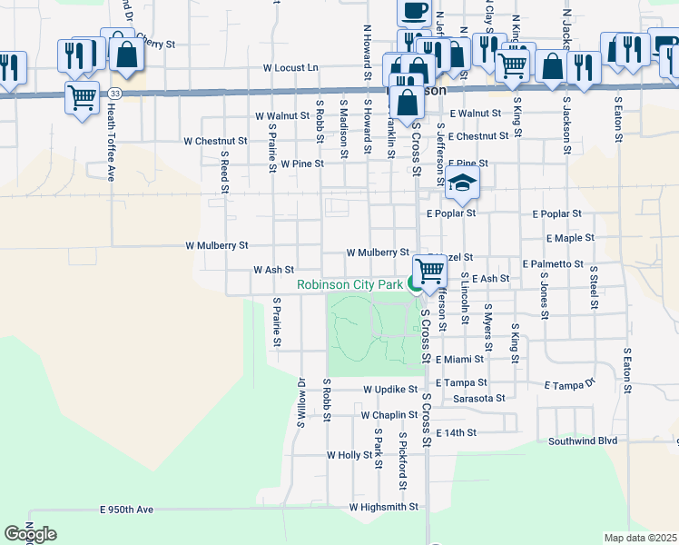 map of restaurants, bars, coffee shops, grocery stores, and more near 300-350 West Emmons Street in Robinson
