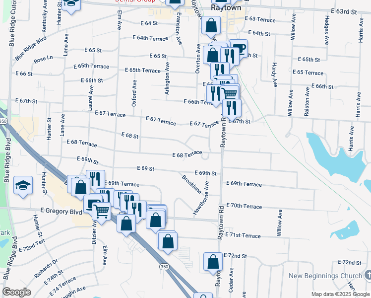 map of restaurants, bars, coffee shops, grocery stores, and more near 9713 East 68 Terrace in Raytown
