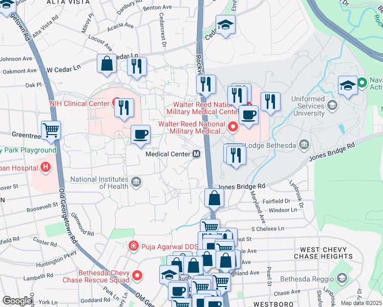 map of restaurants, bars, coffee shops, grocery stores, and more near 9000 Rockville Pike in Bethesda