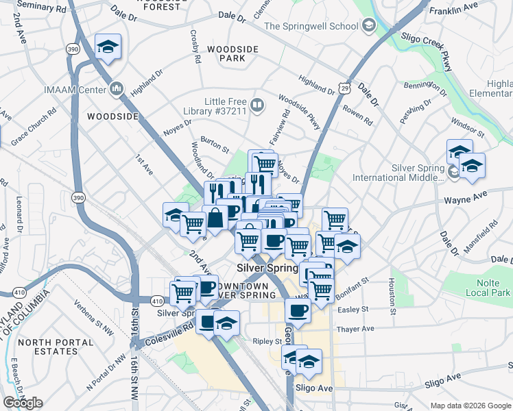 map of restaurants, bars, coffee shops, grocery stores, and more near 8710 Cameron Street in Silver Spring