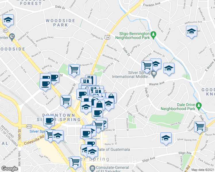 map of restaurants, bars, coffee shops, grocery stores, and more near 24 Ellsworth Heights Street in Silver Spring