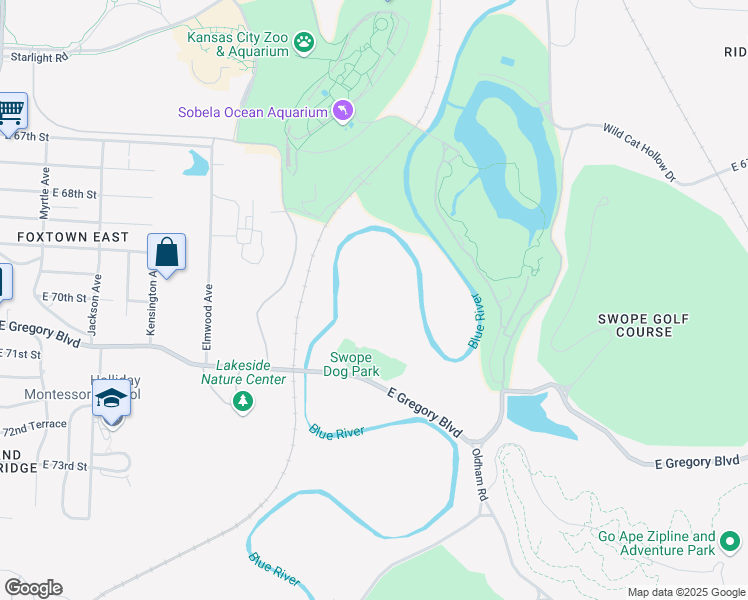 map of restaurants, bars, coffee shops, grocery stores, and more near Swope Park Entrance Crossing in Kansas City