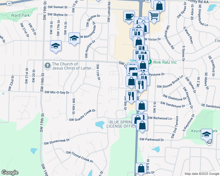 map of restaurants, bars, coffee shops, grocery stores, and more near 1723 Southwest Parkridge Drive in Blue Springs