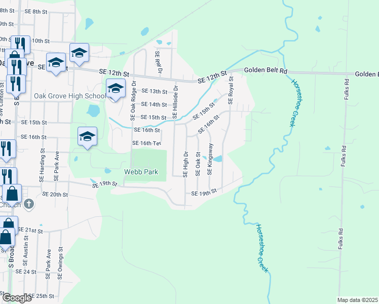 map of restaurants, bars, coffee shops, grocery stores, and more near 1611 Southeast High Drive in Oak Grove