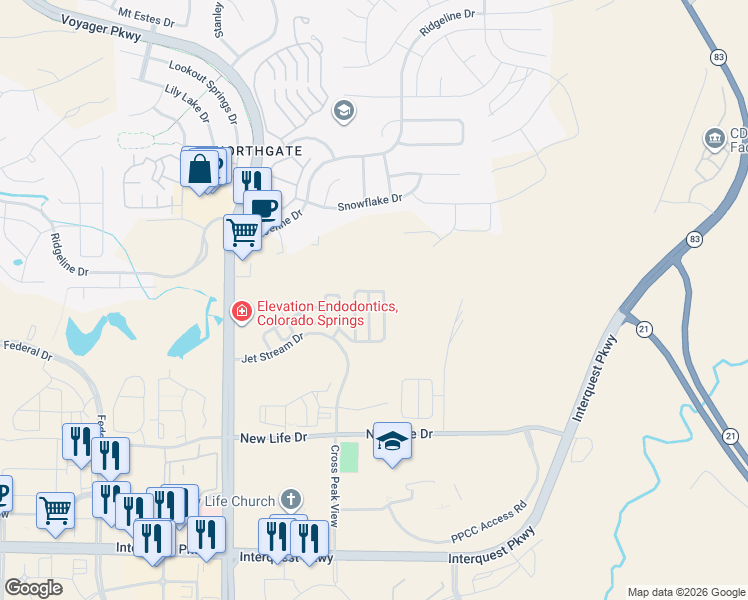 map of restaurants, bars, coffee shops, grocery stores, and more near 11613 Hibiscus Lane in Colorado Springs