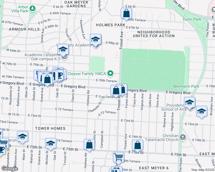 map of restaurants, bars, coffee shops, grocery stores, and more near 927 East Gregory Boulevard in Kansas City