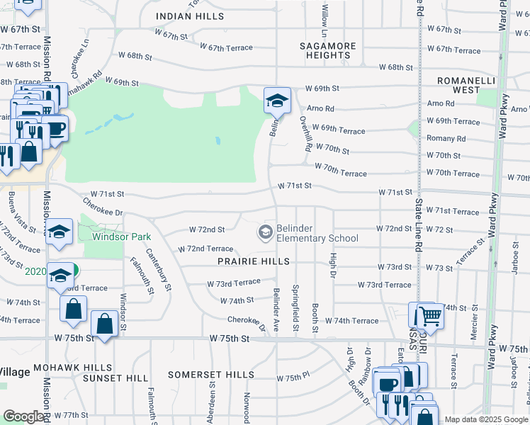 map of restaurants, bars, coffee shops, grocery stores, and more near 7230 Belinder Avenue in Prairie Village
