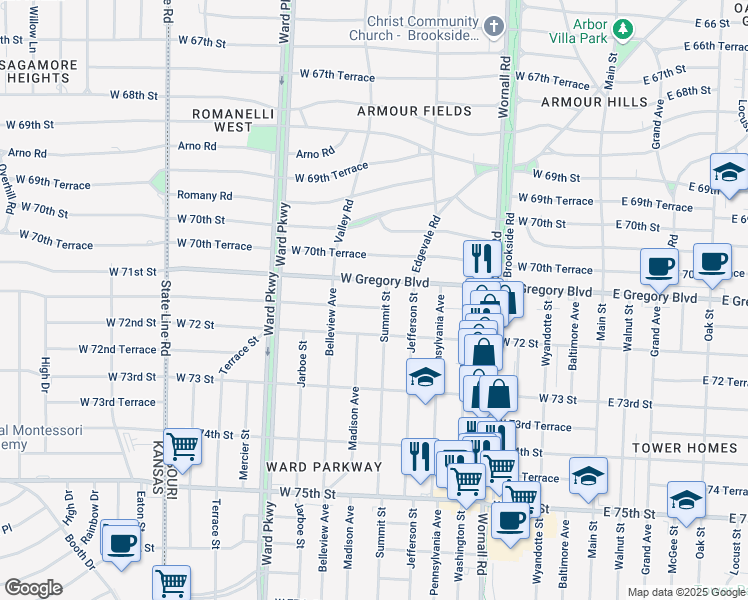 map of restaurants, bars, coffee shops, grocery stores, and more near 805 West 71st Terrace in Kansas City
