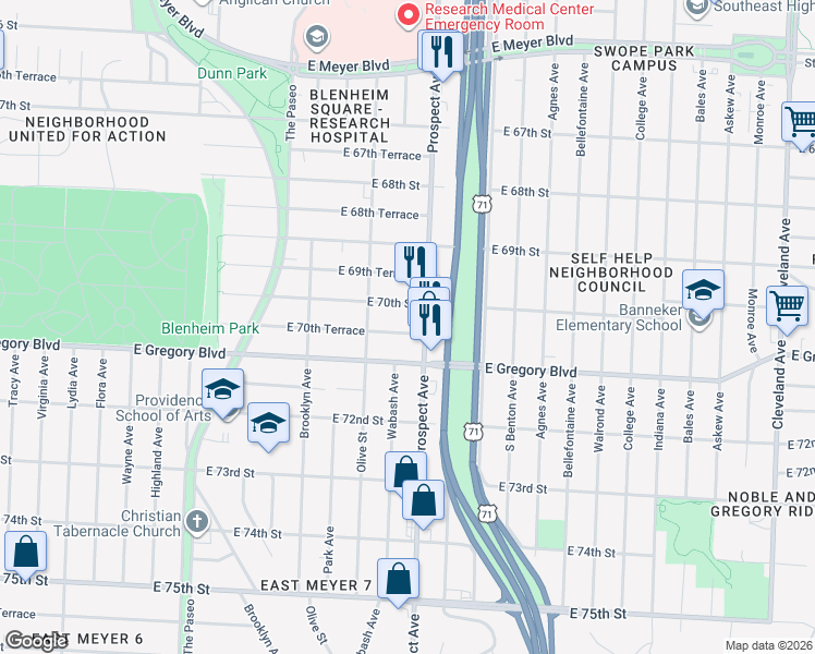 map of restaurants, bars, coffee shops, grocery stores, and more near 7033 Prospect Avenue in Kansas City