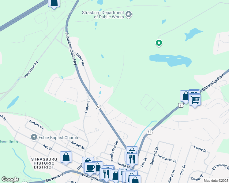 map of restaurants, bars, coffee shops, grocery stores, and more near 935 Colley Block Road in Strasburg