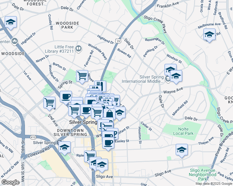 map of restaurants, bars, coffee shops, grocery stores, and more near 38 Ellsworth Heights Street in Silver Spring