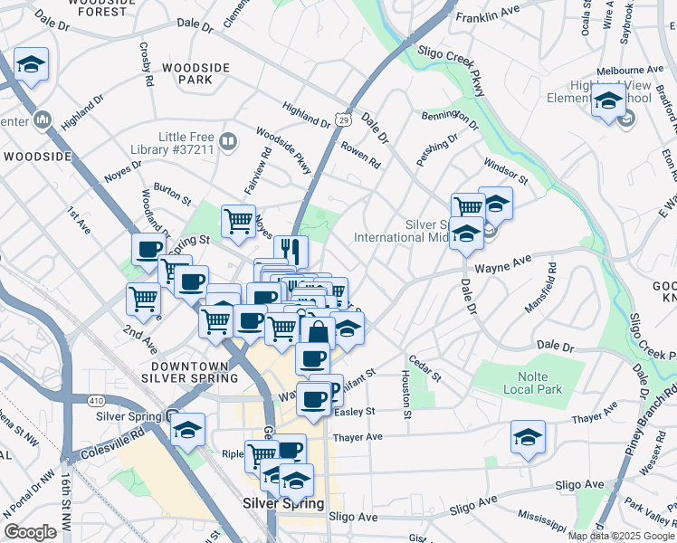 map of restaurants, bars, coffee shops, grocery stores, and more near 38 Ellsworth Heights Street in Silver Spring