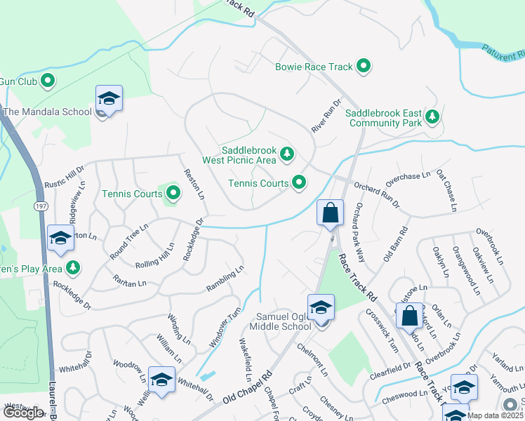 map of restaurants, bars, coffee shops, grocery stores, and more near 8111 River Park Road in Bowie