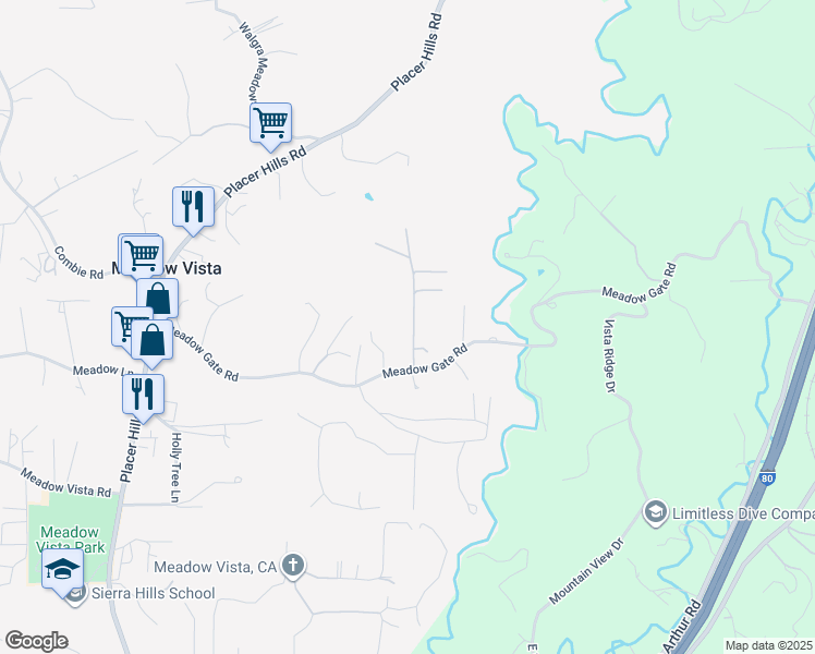 map of restaurants, bars, coffee shops, grocery stores, and more near 623 Red Bud Lane in Meadow Vista