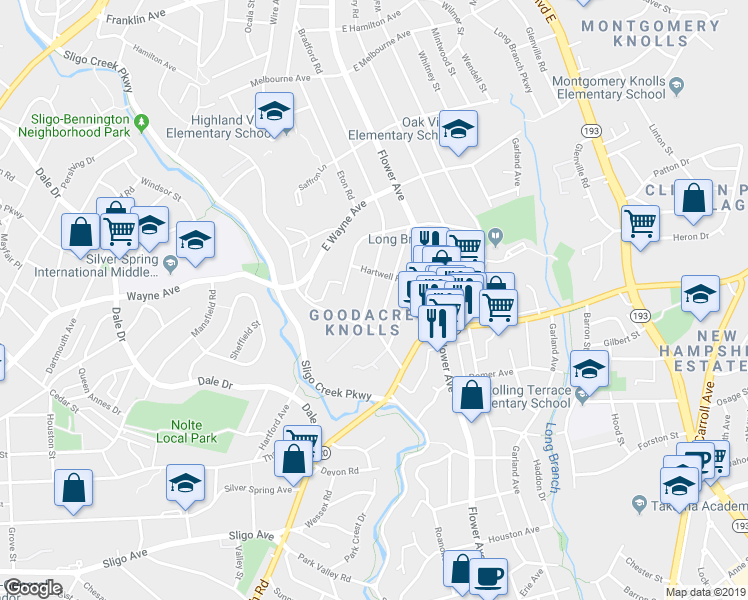 map of restaurants, bars, coffee shops, grocery stores, and more near 8532 Manchester Road in Silver Spring
