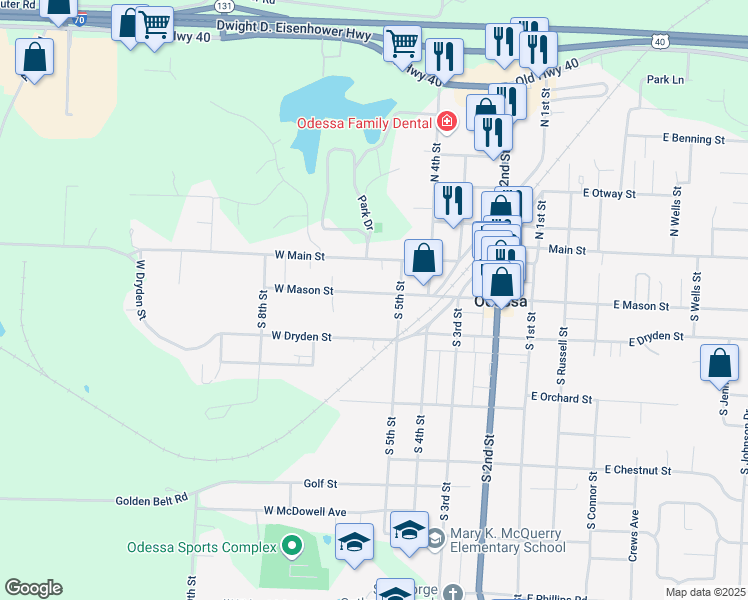 map of restaurants, bars, coffee shops, grocery stores, and more near 505 West Dryden Street in Odessa
