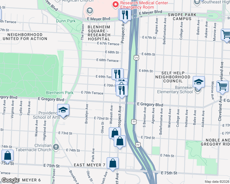 map of restaurants, bars, coffee shops, grocery stores, and more near 7033 Prospect Avenue in Kansas City