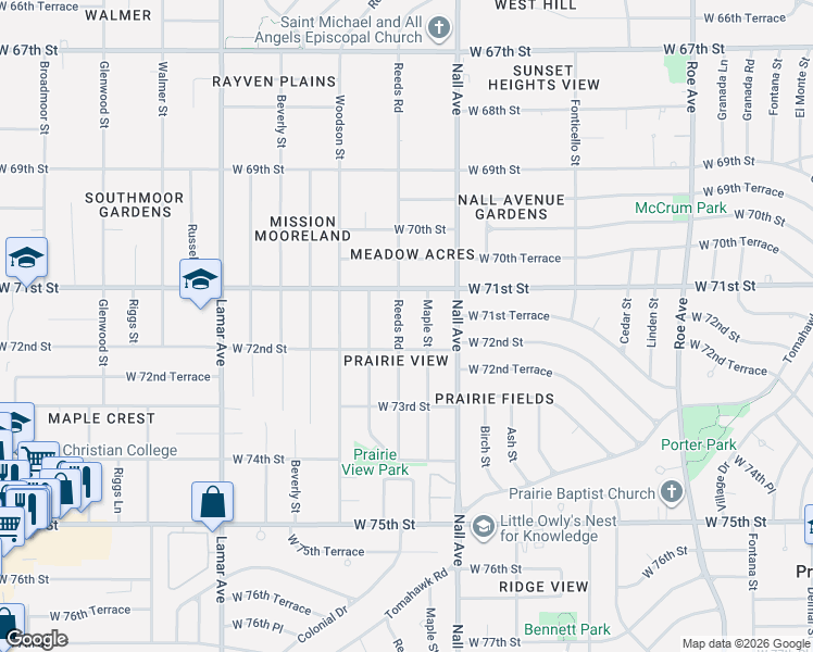 map of restaurants, bars, coffee shops, grocery stores, and more near 7144 Reeds Road in Overland Park