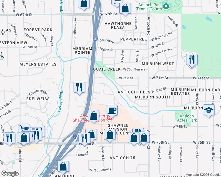map of restaurants, bars, coffee shops, grocery stores, and more near 7200 Eby Drive in Merriam
