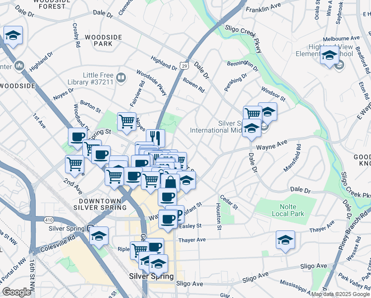 map of restaurants, bars, coffee shops, grocery stores, and more near 20 Ellsworth Heights Street in Silver Spring
