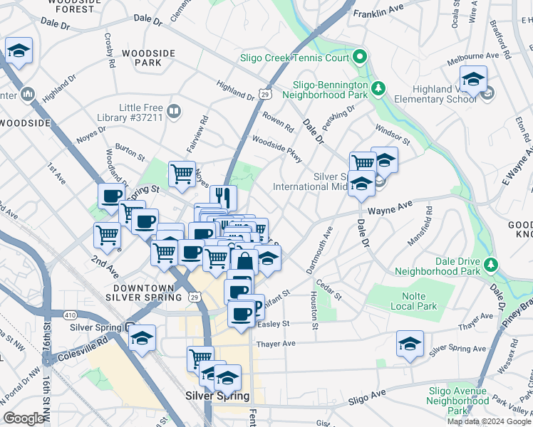 map of restaurants, bars, coffee shops, grocery stores, and more near 20 Ellsworth Heights Street in Silver Spring