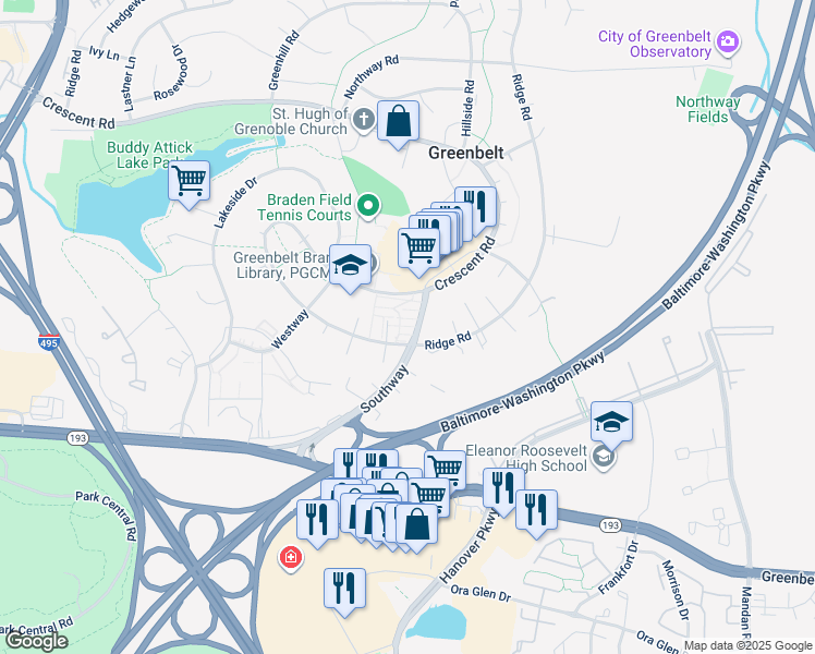 map of restaurants, bars, coffee shops, grocery stores, and more near 4 Southway in Greenbelt