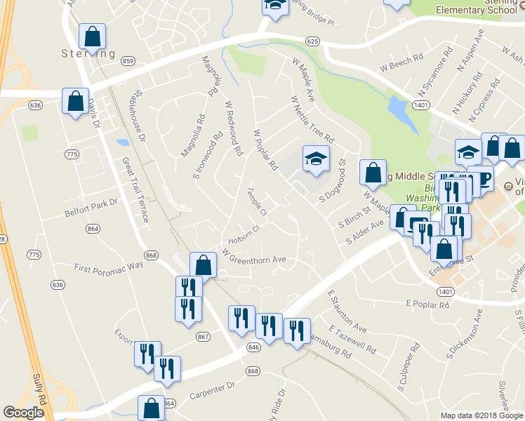 map of restaurants, bars, coffee shops, grocery stores, and more near 1030 Temple Court in Sterling