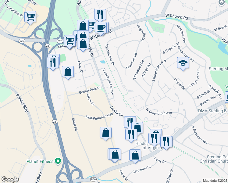 map of restaurants, bars, coffee shops, grocery stores, and more near 22318 Great Trail Terrace in Sterling