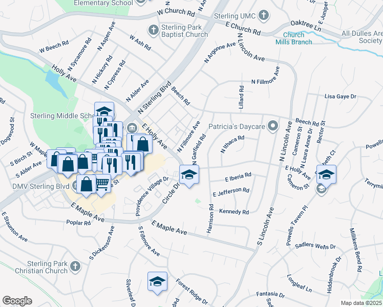 map of restaurants, bars, coffee shops, grocery stores, and more near 109 North Garfield Road in Sterling