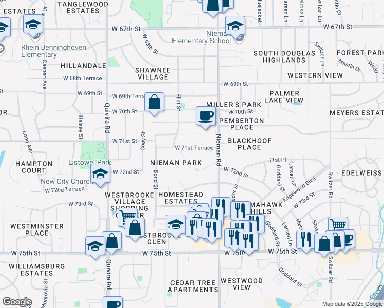 map of restaurants, bars, coffee shops, grocery stores, and more near 7130 King Street in Shawnee