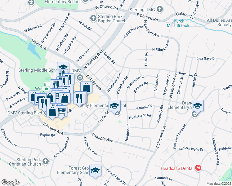 map of restaurants, bars, coffee shops, grocery stores, and more near 109 North Garfield Road in Sterling