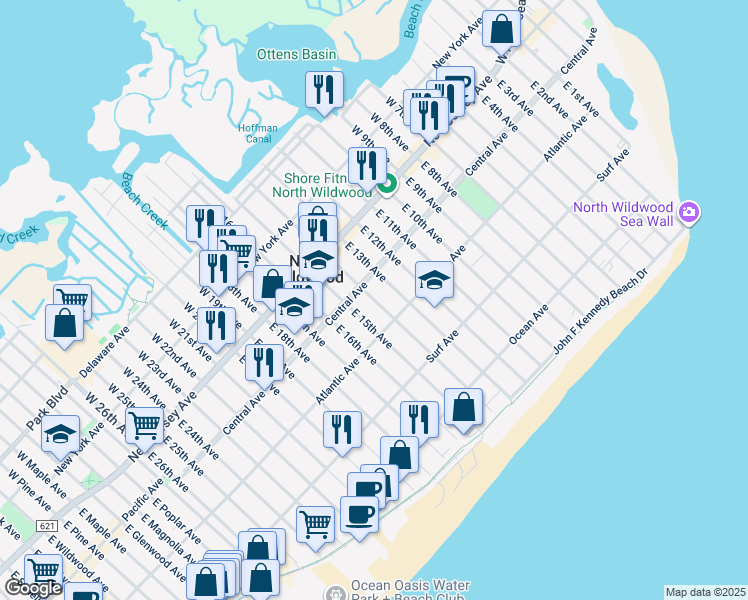 map of restaurants, bars, coffee shops, grocery stores, and more near 230 East 14th Avenue in Wildwood