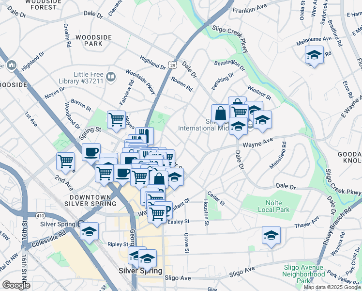 map of restaurants, bars, coffee shops, grocery stores, and more near 711 Pershing Drive in Silver Spring