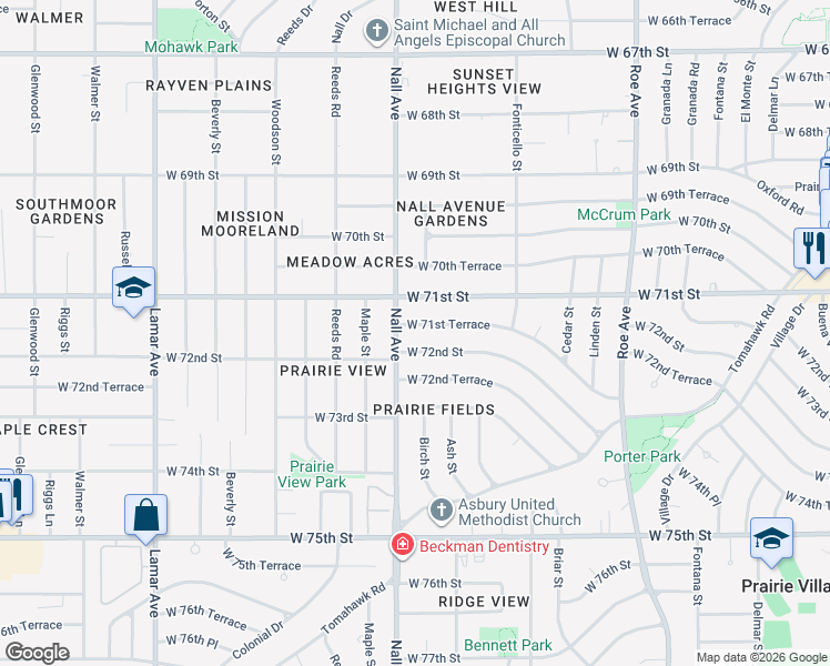 map of restaurants, bars, coffee shops, grocery stores, and more near 5409 West 71st Street in Prairie Village