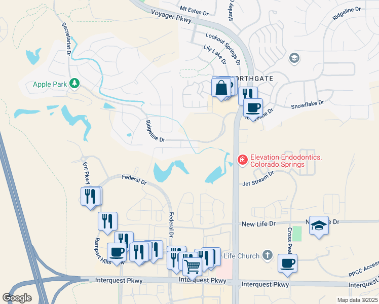 map of restaurants, bars, coffee shops, grocery stores, and more near 11403 Ridgeline Drive in Colorado Springs