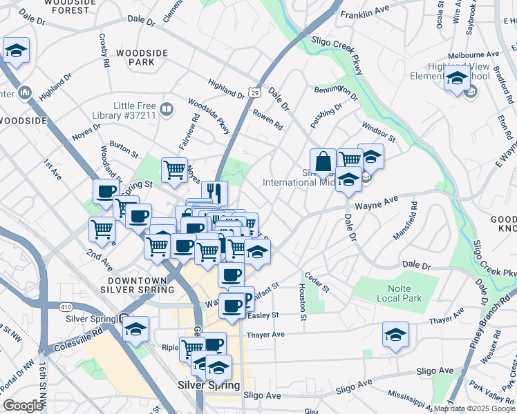 map of restaurants, bars, coffee shops, grocery stores, and more near 21 Ellsworth Heights Street in Silver Spring