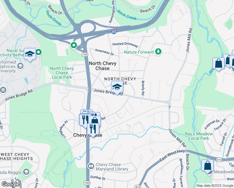 map of restaurants, bars, coffee shops, grocery stores, and more near 3700 Jones Bridge Road in Chevy Chase