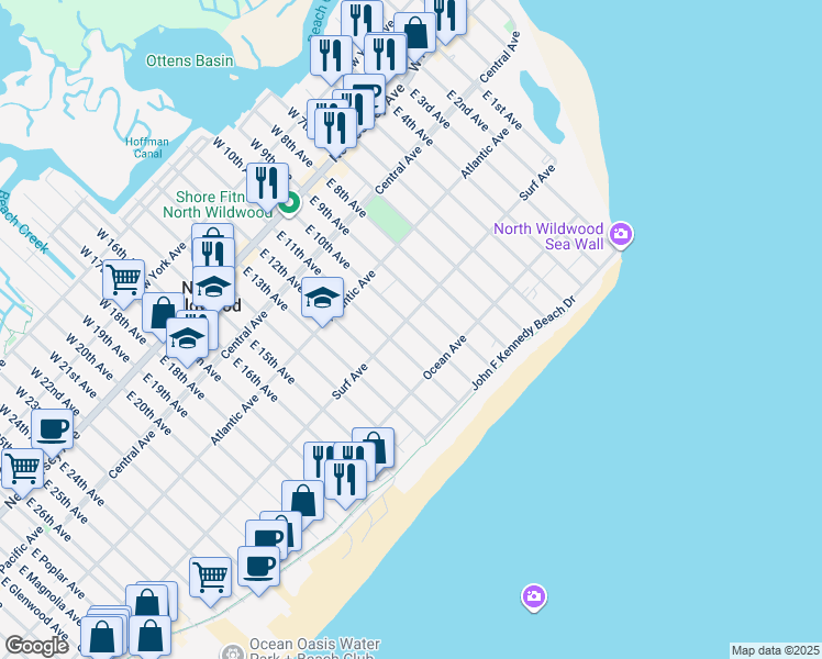 map of restaurants, bars, coffee shops, grocery stores, and more near 901 Surf Avenue in North Wildwood