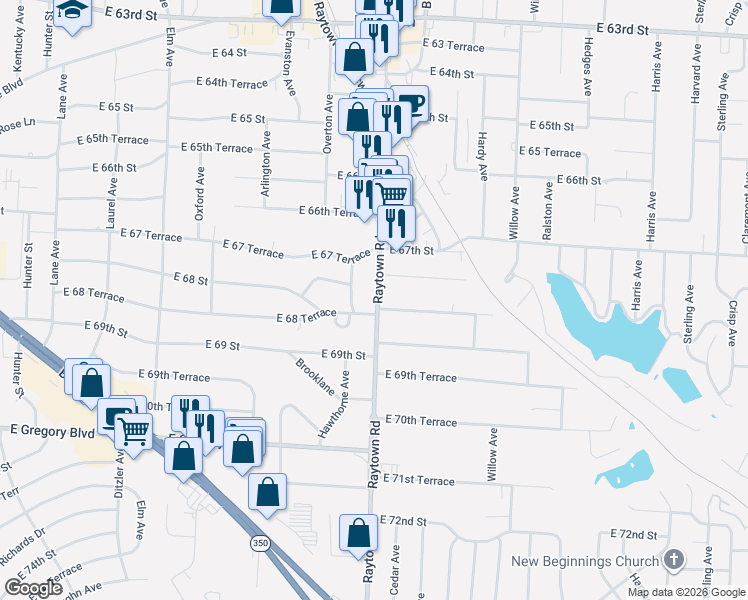 map of restaurants, bars, coffee shops, grocery stores, and more near 6728 Raytown Road in Raytown