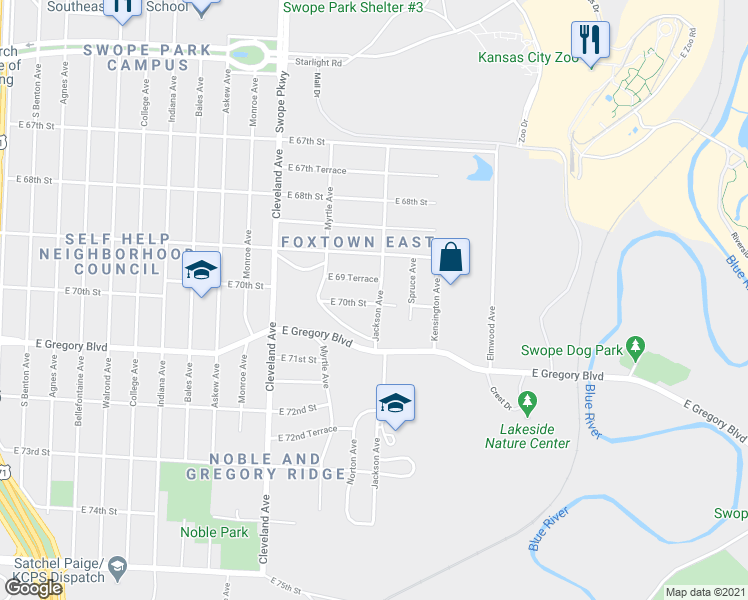 map of restaurants, bars, coffee shops, grocery stores, and more near 4039 East 69 Terrace in Kansas City