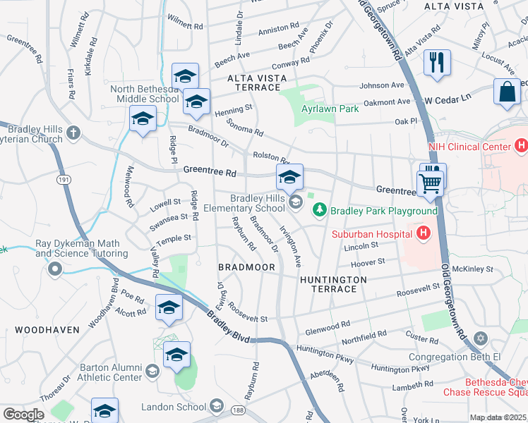 map of restaurants, bars, coffee shops, grocery stores, and more near 8714 Irvington Avenue in Bethesda