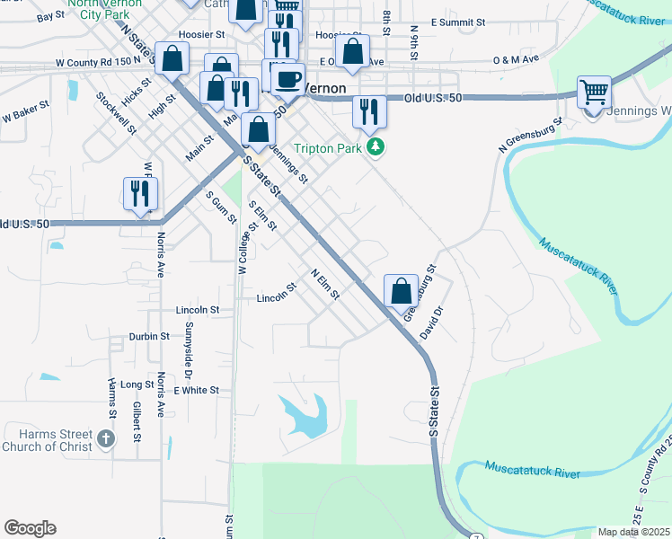map of restaurants, bars, coffee shops, grocery stores, and more near 10 South Webster Street in North Vernon