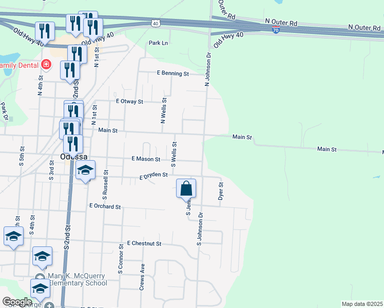 map of restaurants, bars, coffee shops, grocery stores, and more near 109 South Johnson Drive in Odessa